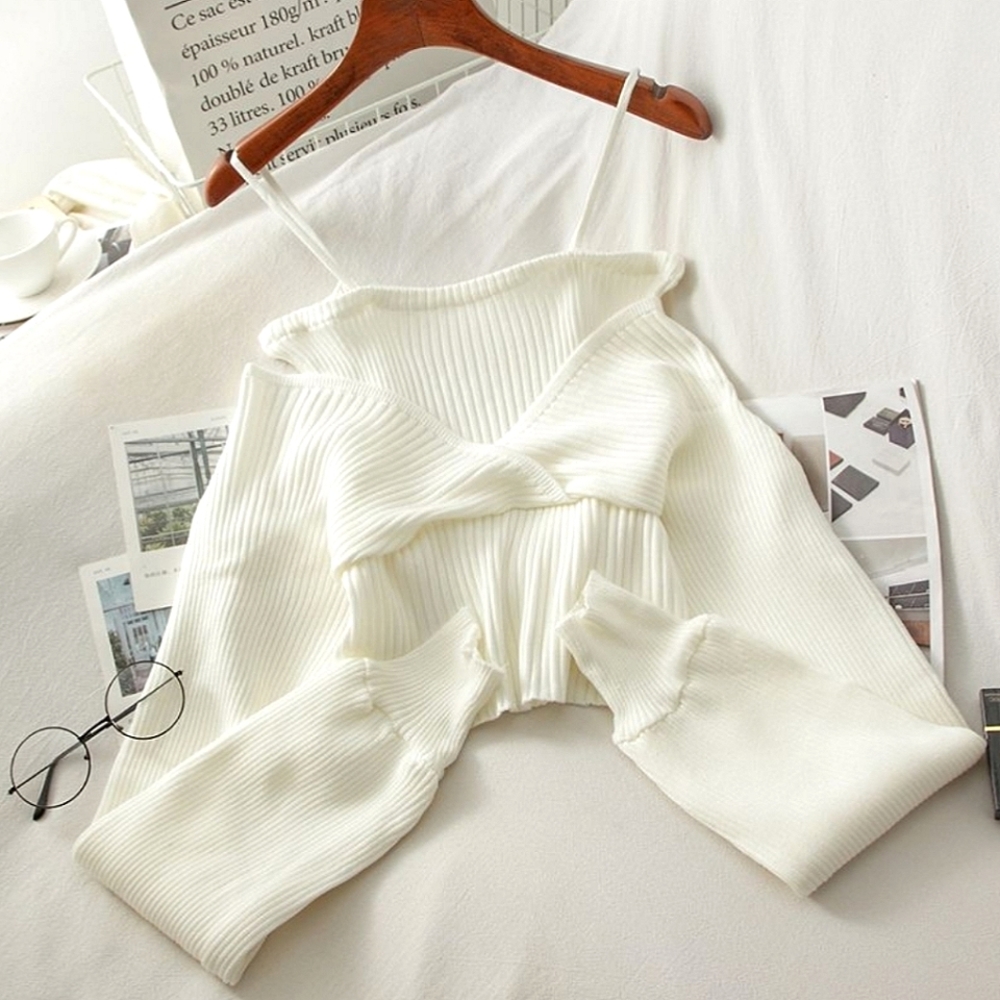 Mimito Long-Sleeve Mock Two-Piece Ribbed Knit Top